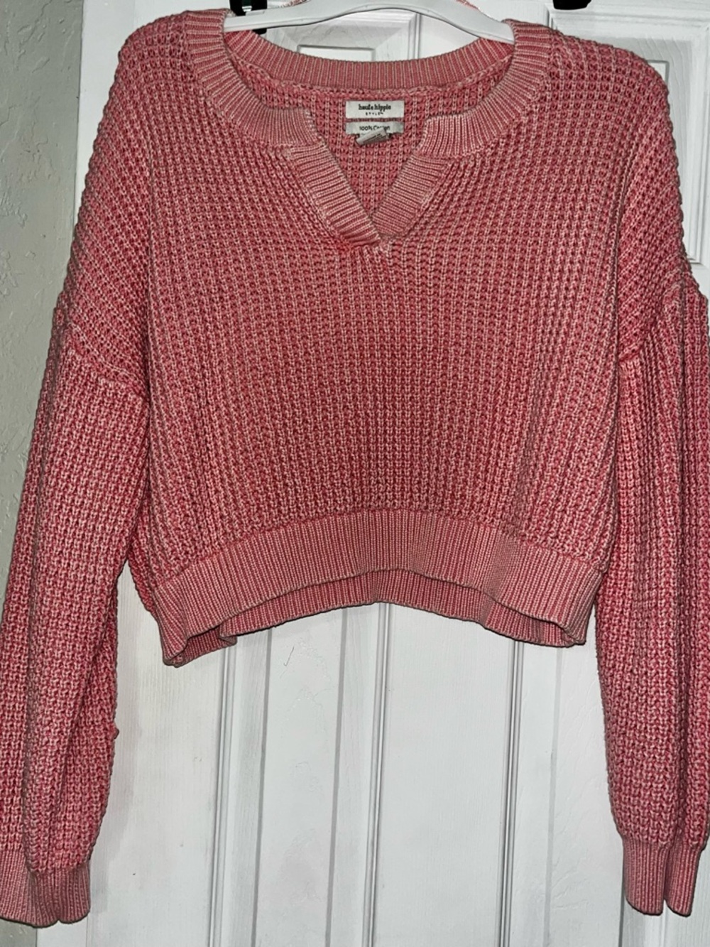 Haute Hippie Pink Cropped V‑Notch Crew Sweater